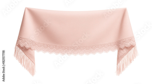 Soft pastel pink shawl with fringed edges and delicate lace trim.