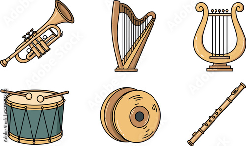Musical Instruments Collection: Trumpet, Harp, Lyre, Drum, Cymbal, Flute