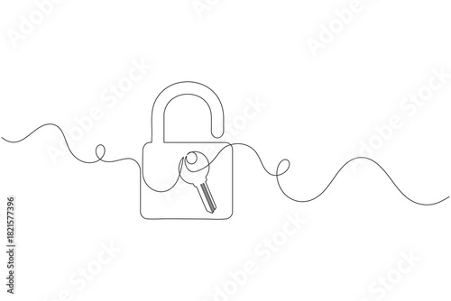 Continuous line drawing of an unlocked padlock and a key for digital security illustration