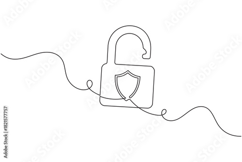 Continuous line art open padlock with shield: security, freedom, data privacy concept illustration