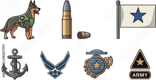Military Service Symbols: Dog, Bullet, Flag, Anchor, Air Force, Army