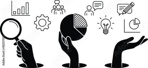 Silhouette Hands Holding Magnifying Glass Pie Chart and Ideas for Business Strategy Vector.