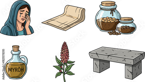 Bible icons: Crying woman, myrrh, and stone bench