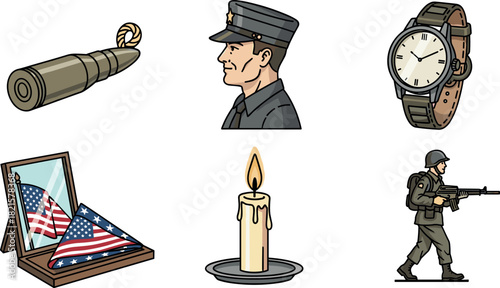 Veterans Day Icons: Bullet, Soldier Portrait, Watch, Flag, Candle, Rifleman
