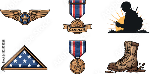 Veterans Day Icons: Wings, Medals, Soldier, Flag, Boot