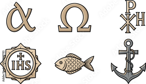 Christian religious symbols collection, icons set