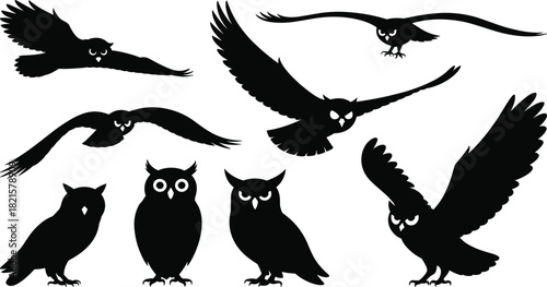 Owl silhouette collection, flying owl icons, perched bird shapes, black vector graphics, isolated clipart, nocturnal raptor design set