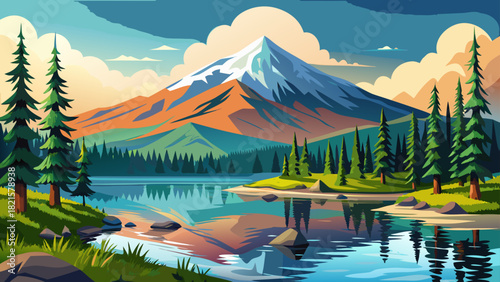 Very beautiful scenic view of Sparks Lake in Central Oregon, featuring calm reflective water, surrounding evergreen forest, and mountain peaks under a clear sky within Deschutes National Forest.