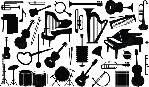 Musical instrument silhouettes, black vector icons, piano, guitar, drum, brass, woodwind, percussion, music notes, microphone, metronome