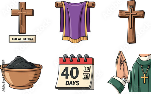 Lent Symbols: Cross, Ashes, Calendar, Priest, Cloth, 40 Days