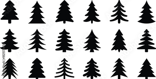 Pine tree silhouette vector set, black forest shapes, evergreen graphic, nature illustration, branch variety, woodland design, outdoor element