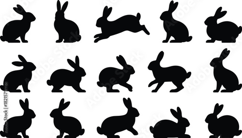 Rabbit silhouette collection, black bunny icons, vector animal poses, leaping rabbits, graphic set, isolated clipart, motion design elements