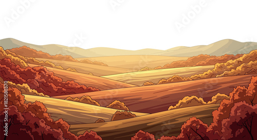 Scenic autumn landscape with rolling hills and warm hues under a soft sky