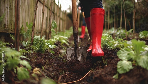 Person in red boots digging moist soil among leafy greens in a garden concept: sustainable gardening, organic growth, eco-friendly lifestyle.