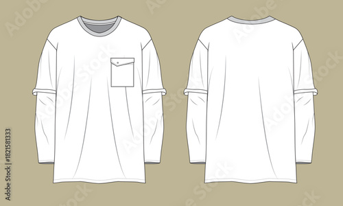 Drawing of a stylish long sleeve crew neck t- shirt flat sketch isolated on a background. Front and Back view.
