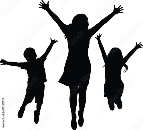 Silhouette of joyful family jumping together in celebration, energetic kids and parent expressing happiness, freedom, unity, and playful bonding outdoors