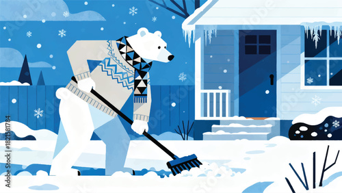 Illustration Of A White Bear Wearing A Scarf Cleaning Snow In The Yard Vector Design Template