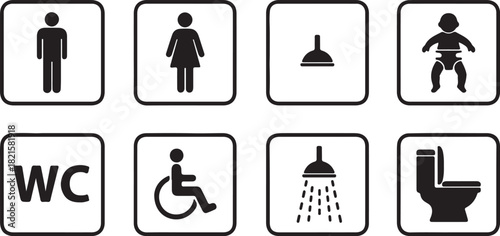 Black and white icons for restrooms male, female, disabled, baby, wc, shower, toilet