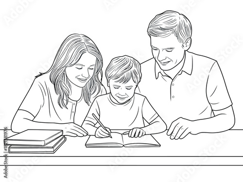 A loving family happily supports their child's education by helping with homework at the table, fostering a strong bond.