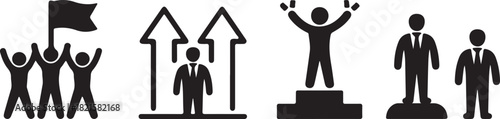 Set of business success and achievement icons including teamwork, growth, winner on podium, and corporate hierarchy
