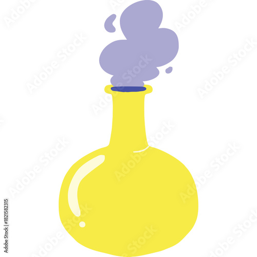 Illustration of a yellow flask with a blue opening and purple smoke rising from it.