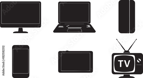 Black silhouette icons of common electronic devices monitor, laptop, desktop, smartphone, tablet, and vintage television