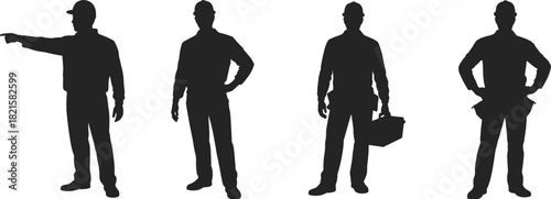 Construction workers in hard hats silhouette set showing various poses, industrial labor team concept for engineering and building projects