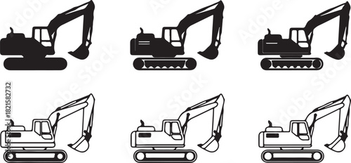 Excavator icons set, featuring heavy construction equipment in solid black silhouette and outline styles
