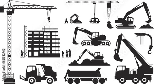 Construction equipment silhouettes with cranes, excavators, workers, dump truck, forklift, scaffolding, building site, heavy machinery, industrial tools, vector illustration