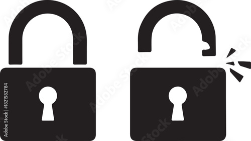 Two black padlock icons, one closed and one open, symbolizing security, privacy, access, and protection