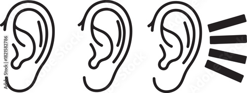 Line art illustration of human ears, one with sound waves, symbolizing hearing, listening, and auditory function