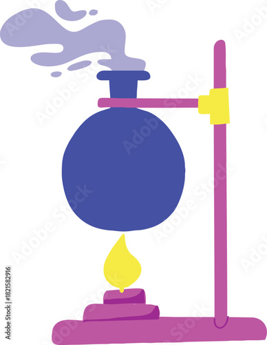 A cartoon illustration of a round-bottom flask being heated by a flame on a retort stand, producing purple vapor.