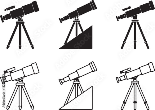 Assortment of telescopes, featuring both solid black and outline versions, used for viewing distant objects and astronomical phenomena