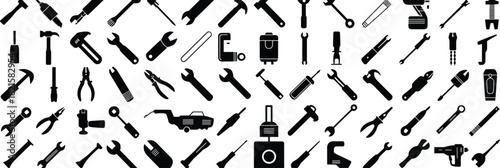Black Silhouettes of Hand and Power Tools Collection for Construction, Repair, DIY, Workshop, Mechanic, Industrial, and Engineering Projects