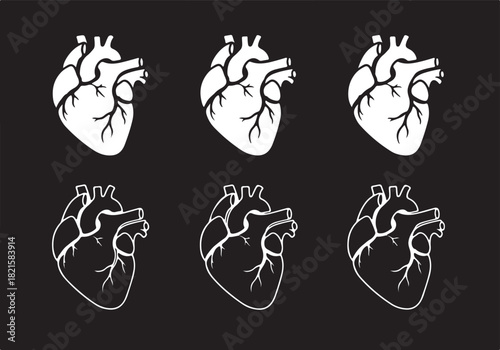 A graphic pattern of six stylized human anatomical hearts, with solid white and outlined black designs, arranged on a dark background