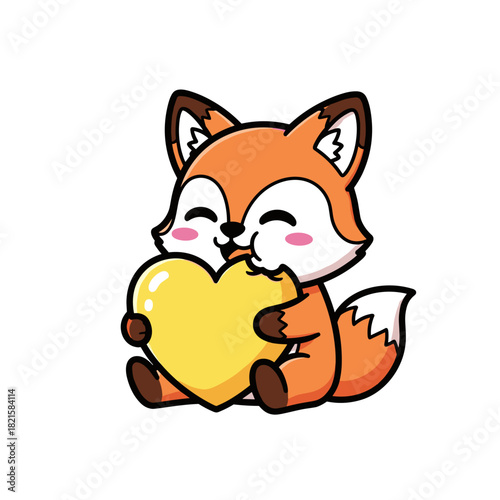 Cute cartoon fox holding a yellow heart and smiling happily  