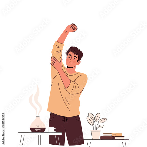 Man stretching arm with essential oil diffuser and plant on table, representing self-care and relaxation
