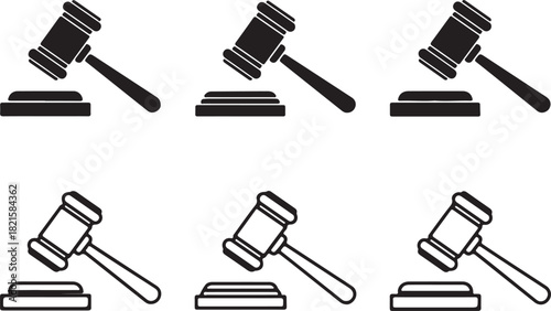 Collection of black and white gavel icons, symbolizing justice, law, court, and auction
