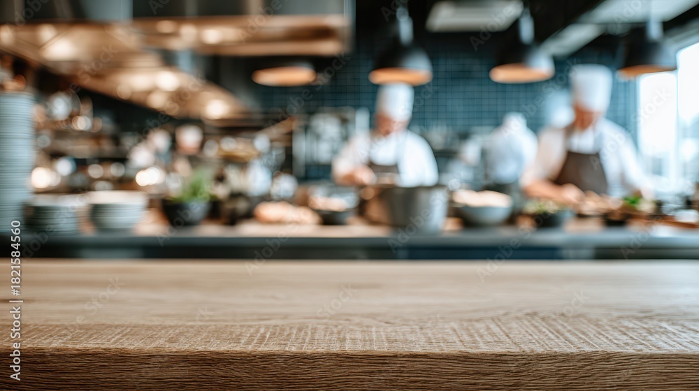 Obraz premium Wooden tabletop display with blurred restaurant interior background for culinary design and hospitality concepts