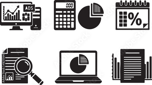 Set of business and finance icons including data analysis, calculator, pie chart, calendar, document search, and laptop with statistics