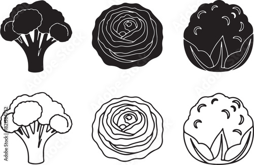 A collection of black silhouette and outline illustrations featuring broccoli, roses, and cauliflowers