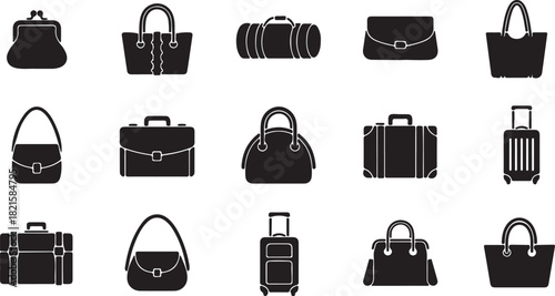 Various bag and luggage icons, including handbags, briefcases, and suitcases, in black silhouette style