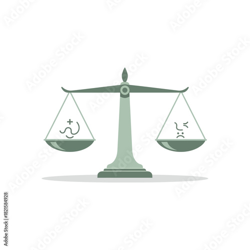 Conceptual illustration of scales of justice weighing a happy face against a sad face, representing the concept of balance and differing emotions