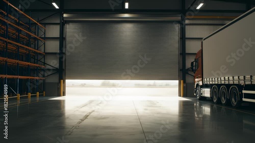 Truck Leaving Industrial Warehouse as Roller Door Closes in Delivery