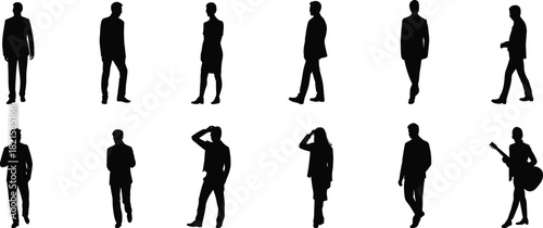 People silhouette set, walking and standing poses, black vector icons, casual attire, gesture clipart, lifestyle design elements
