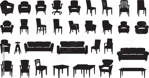 Furniture silhouettes chairs, armchairs, sofas, and tables for interior design and home decor