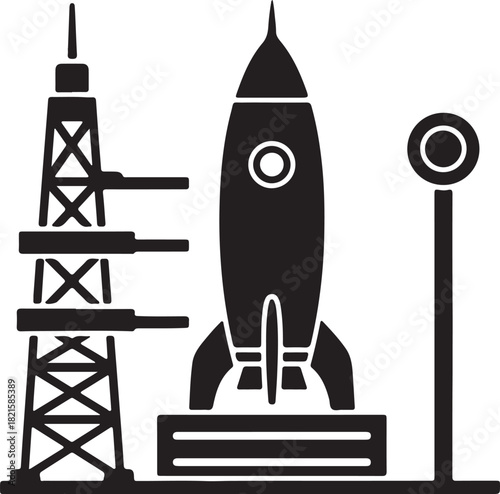 Rocket on launchpad with a launch tower, symbolizing space exploration, scientific advancement, and the future of cosmic travel and innovation