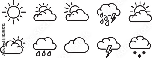 Weather forecast icons set featuring sun, clouds, rain, lightning, and snow, representing various meteorological conditions