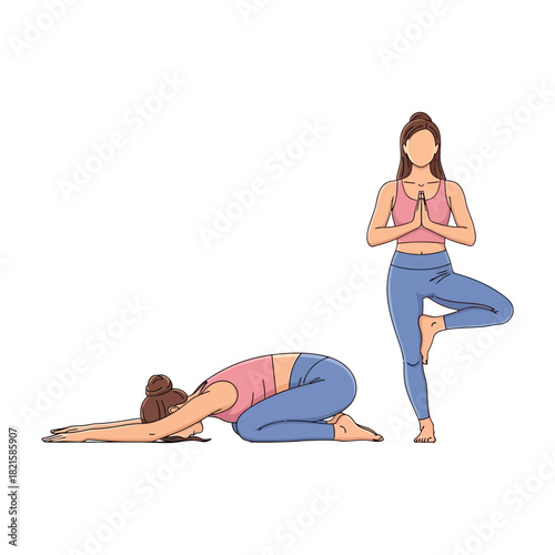 Two serene women demonstrating fundamental yoga poses, illustrating the beauty of mindful movement, balance, and relaxation for improved physical and mental well-being and flexibility