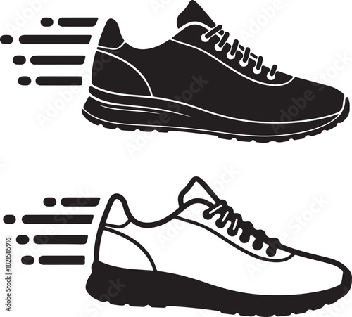 Dynamic pair of running shoes, one black and one white, with speed lines symbolizing fast movement and an active lifestyle